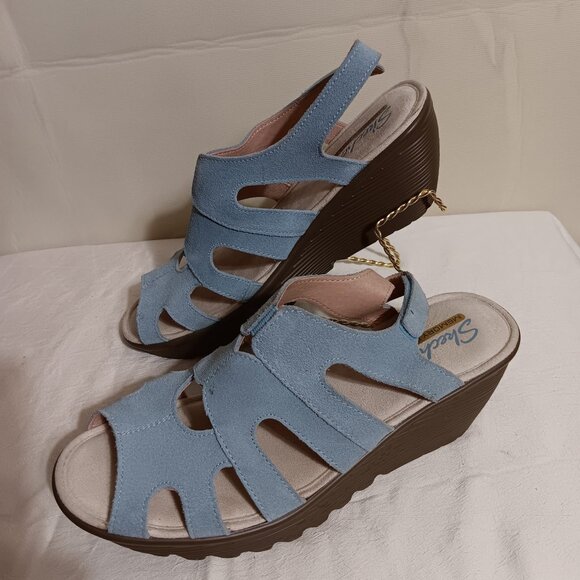 SKETCHERS  MEMORY  FOAM  LIGHT BUE PARALLEL STYLIN WEDGE SANDAL  S 9.5M - Picture 1 of 7